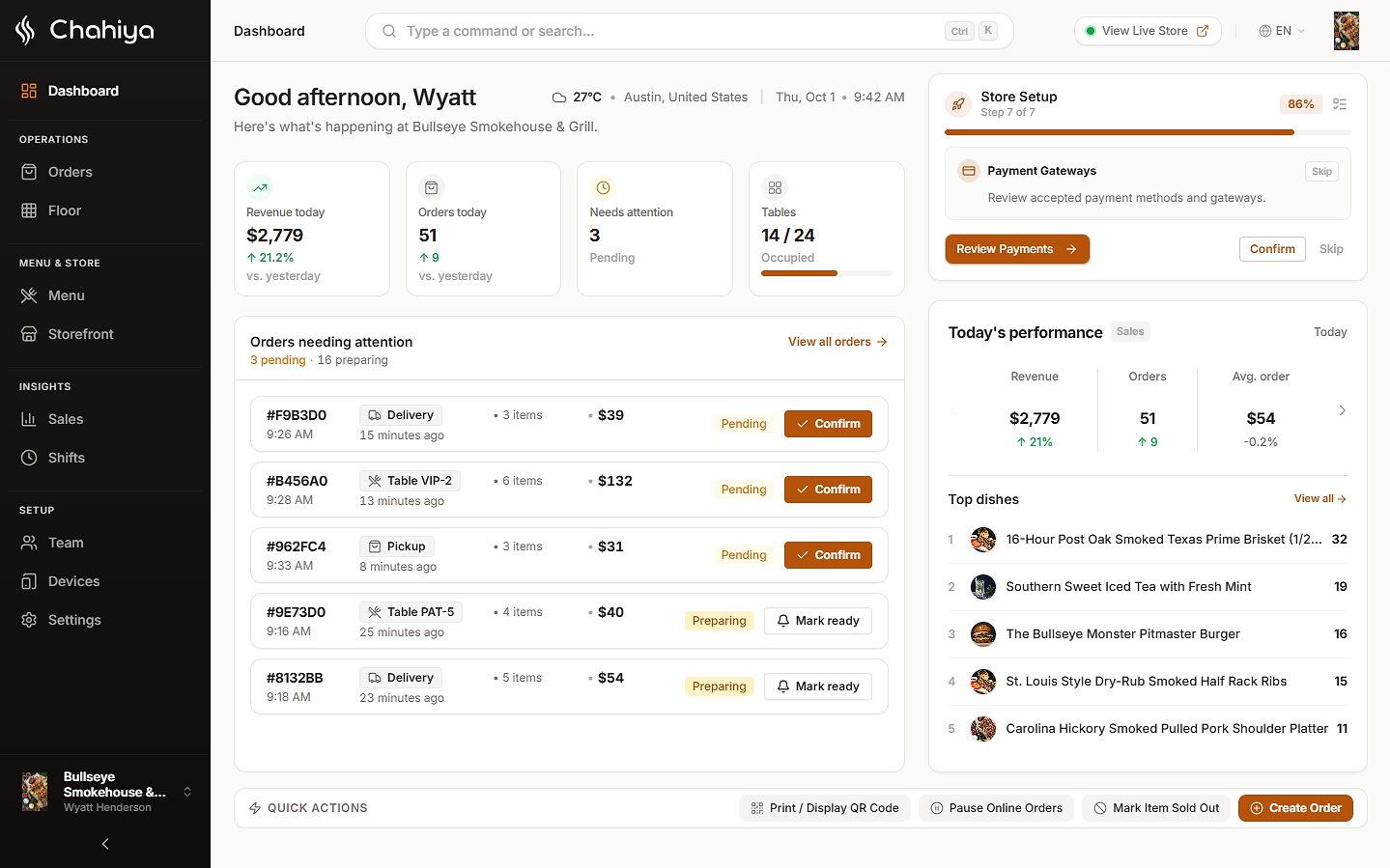 Chahiya dashboard showing live orders