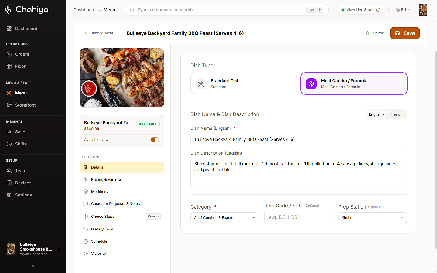 Chahiya dish editor with sizes, extras and set menus