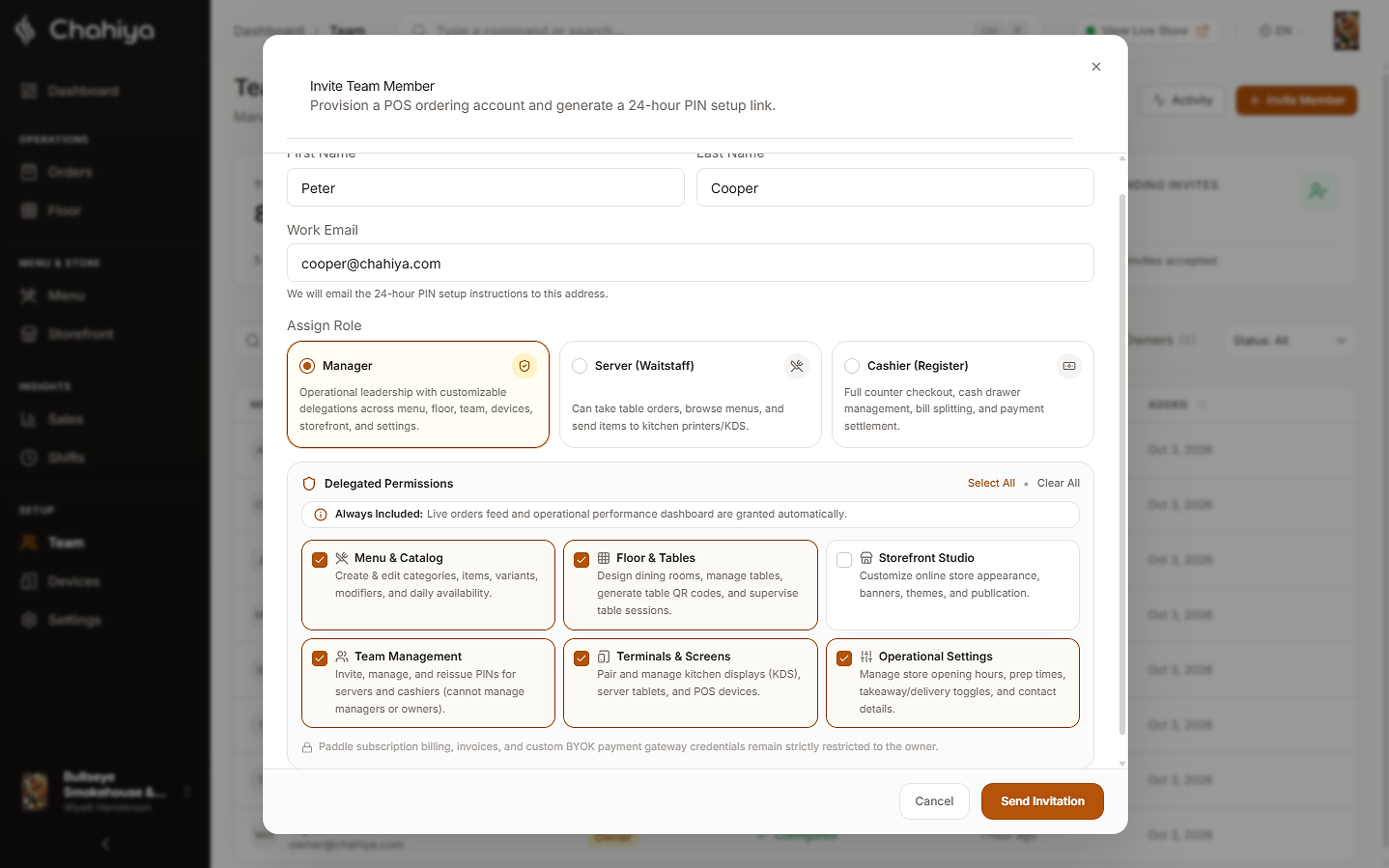 Chahiya team and access settings